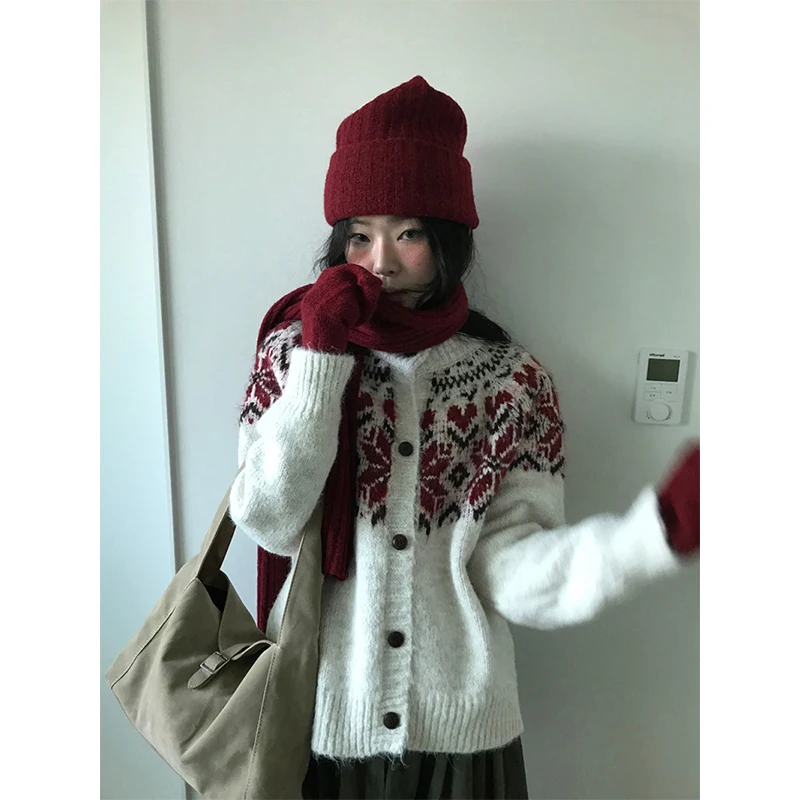 MEXZT-cárdigan de punto con estampado Vintage para mujer, suéter de manga larga Harajuku, prendas de vestir exteriores, prendas de punto holgadas coreanas, jerséis de Otoño Invierno