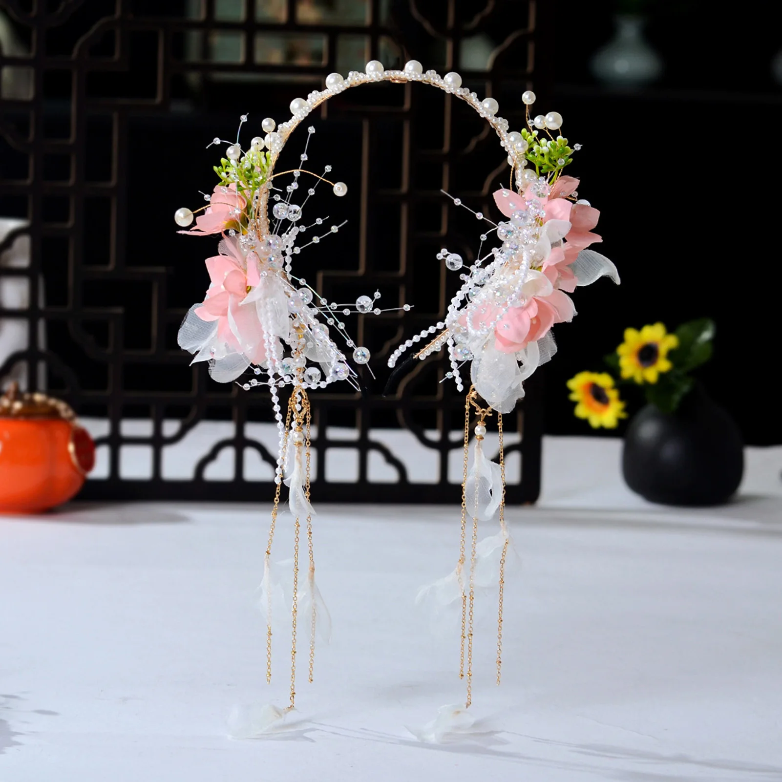 Pink Floral Hairband Chinese Hanfu Hair Accessories Long 