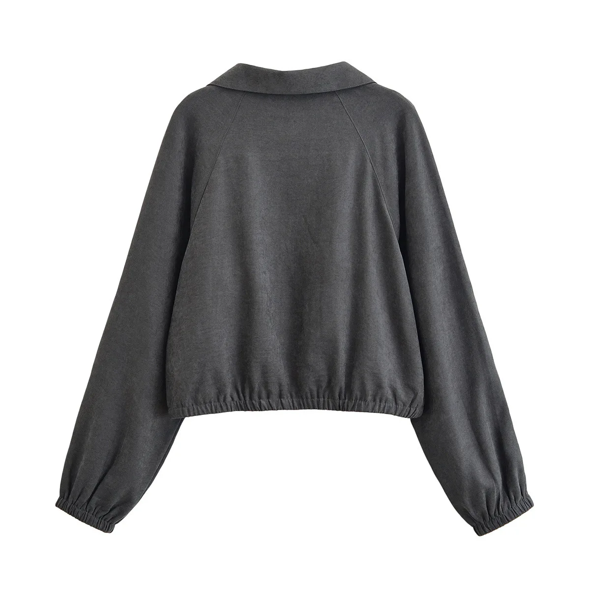 2025년 신상 여성 다크 그레이 숏 길이 지퍼 재킷 턴다운 칼라 앞주머니 리브드 커프 루즈 후디 스타일 아우터웨어