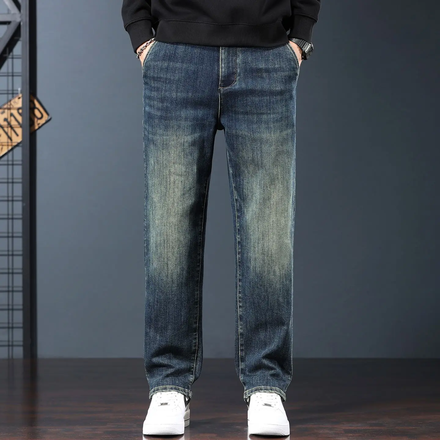 Men's four season high stretch business straight leg jeans, loose plus size, fat guy trendy and versatile, mid high waist jeans