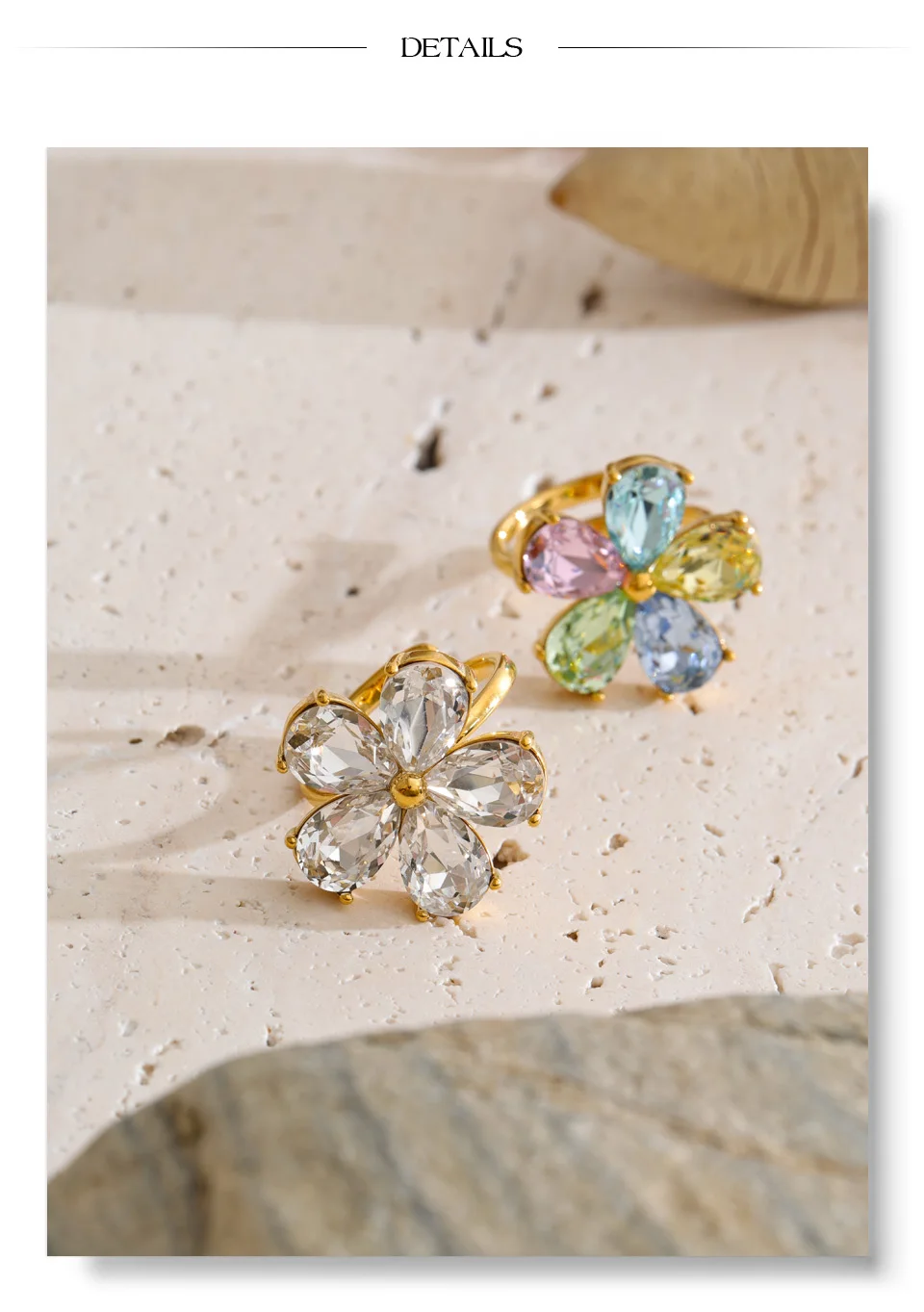 Yhpup Bunter, glänzender, verstellbarer Ring mit kubischem Zirkonia-Blumenmuster, 18 Karat Goldfarbe, Edelstahl, temperamentvoller Premium-Fingerschmuck – Detail 5