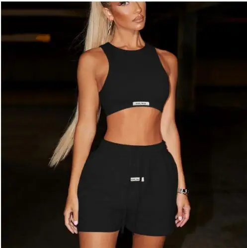 Sporty Solid Letter Two Piece Set Women Ribbed Skinny Tank Tops+ Loose Casual Bandage Shorts Matching Female Tracksuit