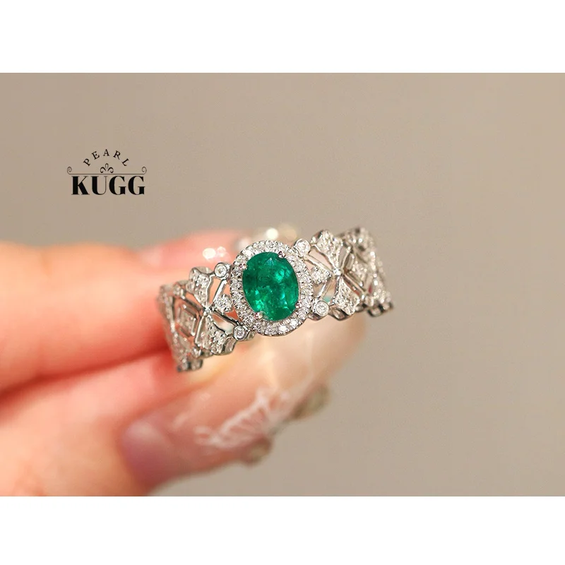 

KUGG 100% кольца из белого золота 18 карат, женское роскошное кольцо с бриллиантом и натуральным изумрудом, романтический дворцовый стиль, ювелирные изделия для вечеринок с высоким драгоценным камнем