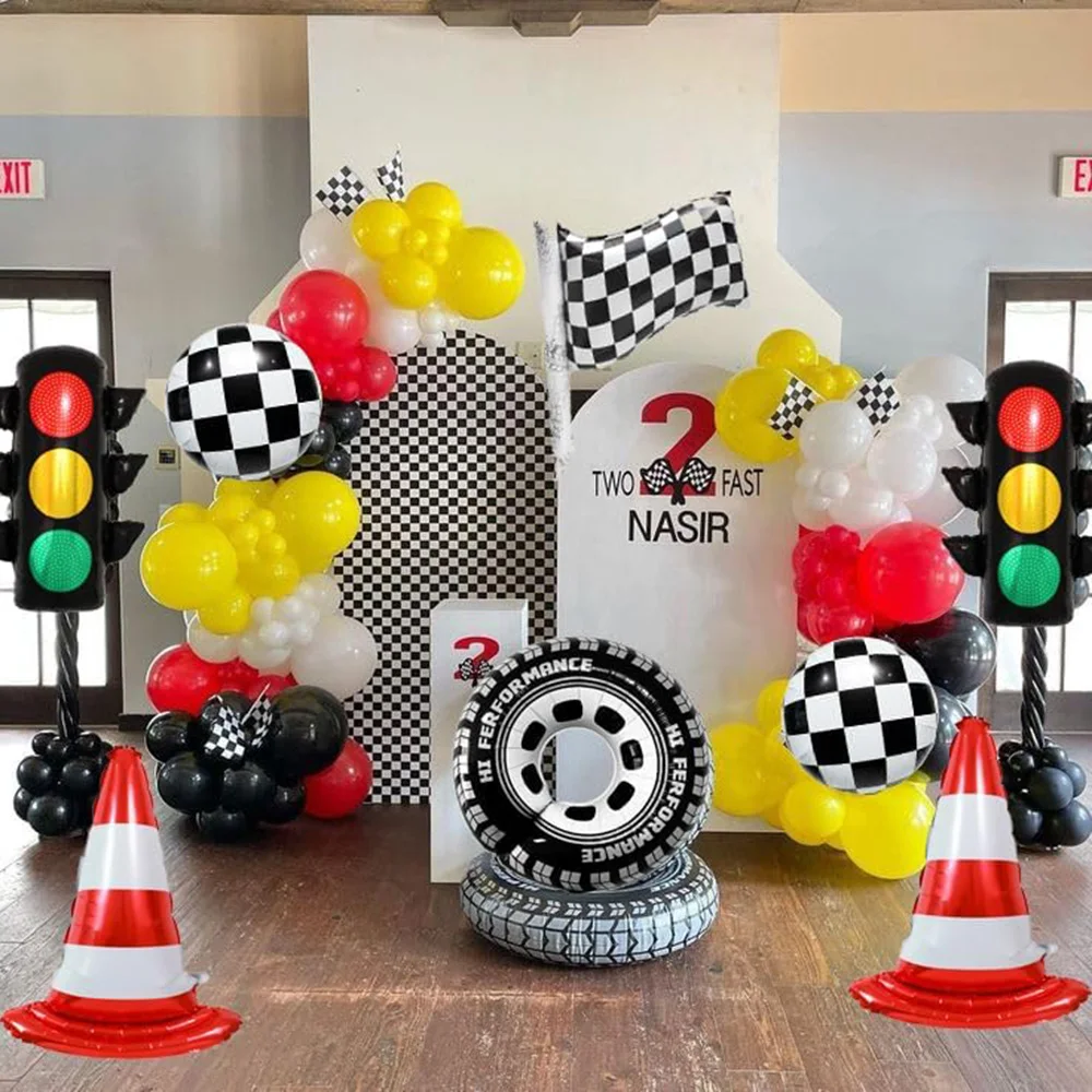 Race Car Birthday Party Decoration Traffic Light Traffic Cone Checkered Flag Wheels Balloon for Kids Car Birthday Party Supplies image 5