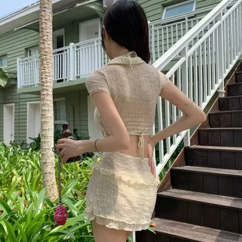 Maillot de bain trois pièces pour femmes, ensemble Micro Bikini, Cover-Up, blanc, taille haute, vêtements de plage pour filles, été