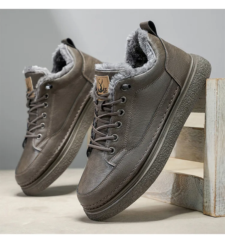 Men Casual Leather Shoes Winter New Outdoor Plush Thicken Warm Cotton Shoes Waterproof Non Slip Height Increase Short Boots