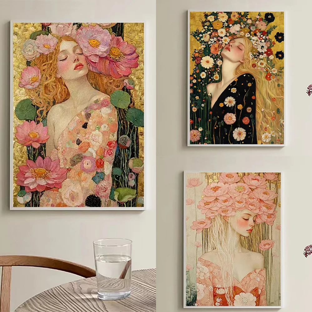 Blumenporträt-Leinwandgemälde: Schöne Frau mit Pfingstrosenkrone und Lotusblume – Poster und Druck für Boho-Schlafzimmer und Heimdekoration