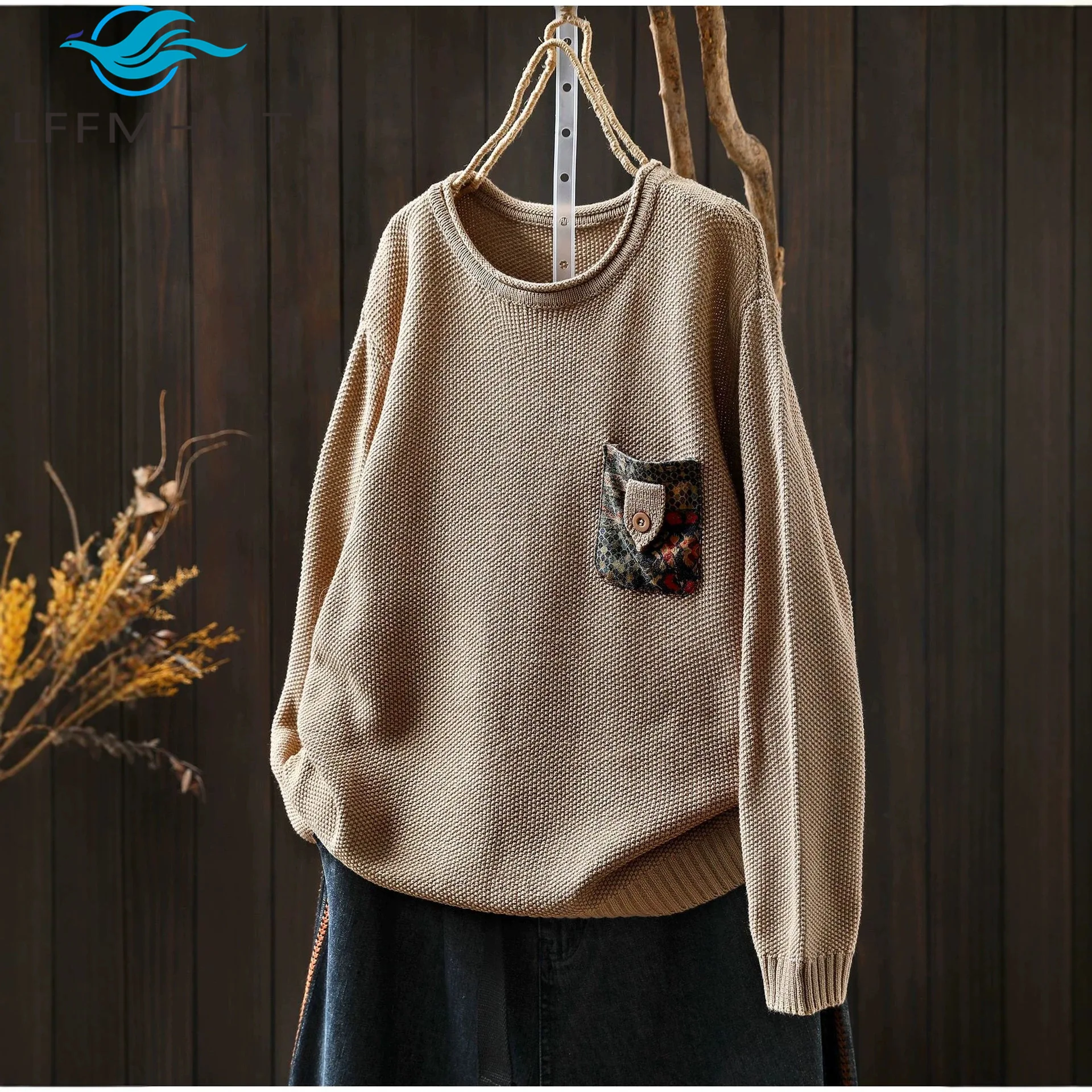 Loose Round Neck Pullover Sweater for Women Patch Pocket Long Sleeve Cotton Knitwear Cozy Vintage Daily Fall Winter Casual Tops