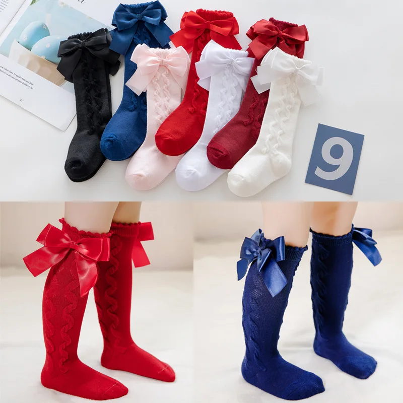 New Kids Knee High Socks Baby Girls Cotton Socks With Big Bow Soft Toddlers Princess Children Long Socken For 0-5 Years