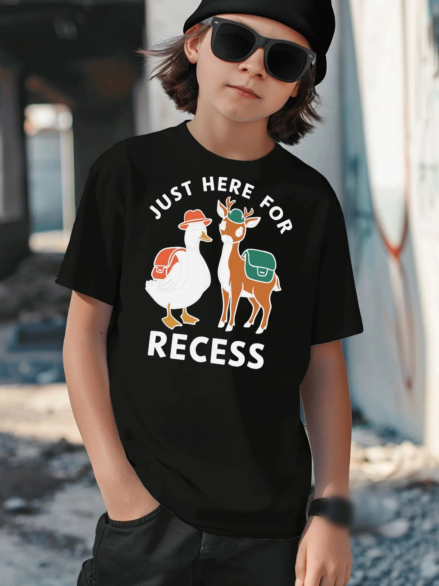 Only for Break Time, Duck and Deer Cartoon Printed Children's T-shirt  Creative Summer Round Neck Casual Parent-child Top
