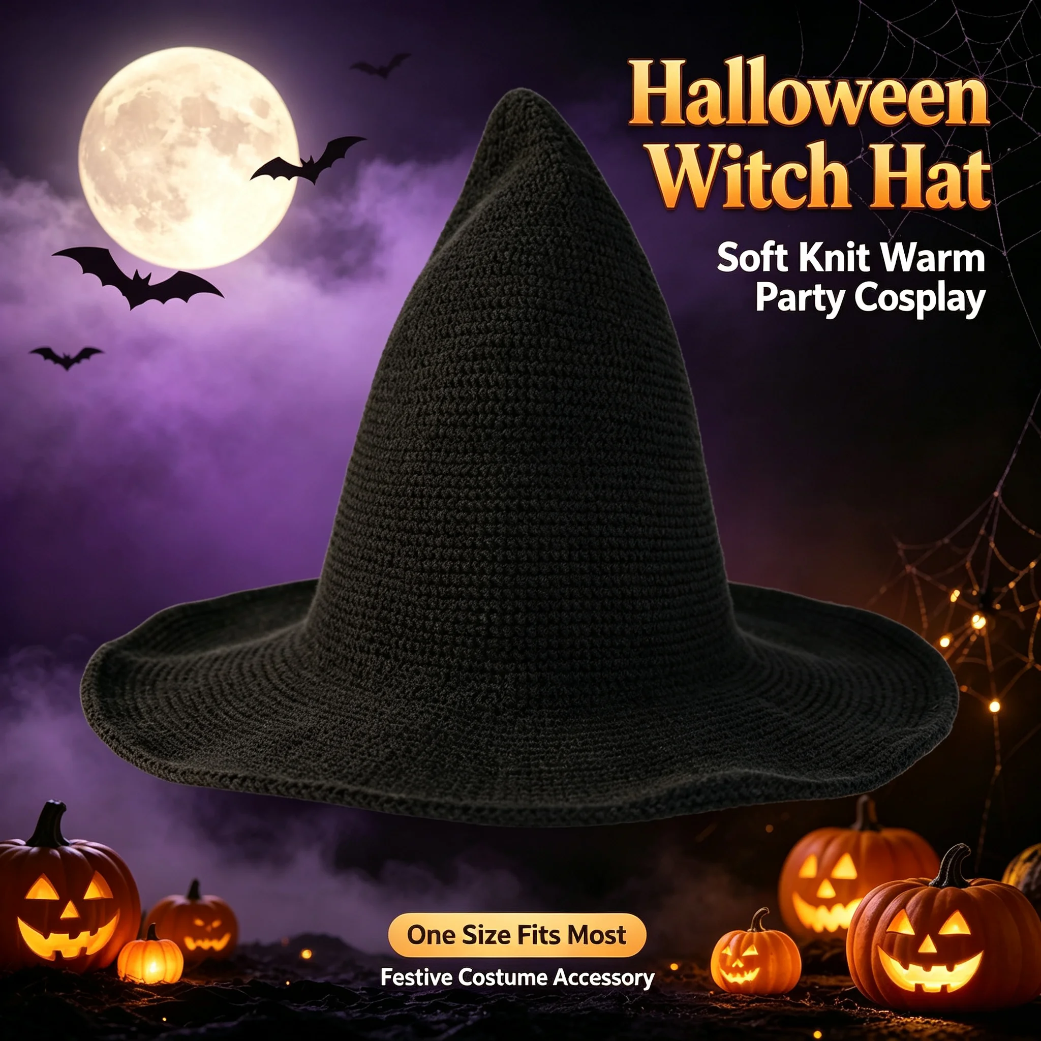 Women Halloween Witch Hat Vintage Wool Knitted Pointed Hat Magic Wizard Cap Costume Party Dress Up Accessory