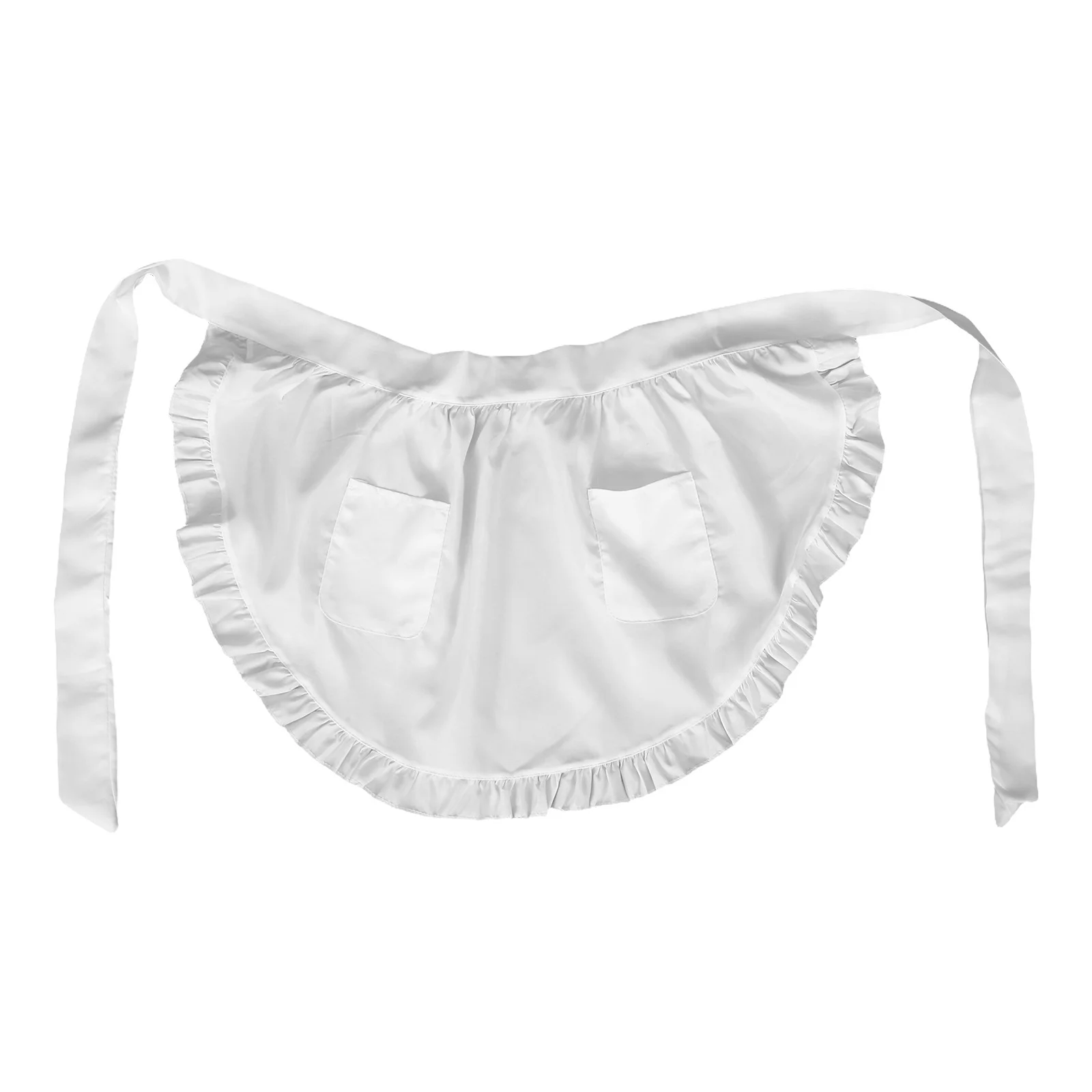 

Kitchen White Half Waist Chef With Pockets Ruffled Cooking Apron For Server Maid Uniform Lightweight Stain Resistant