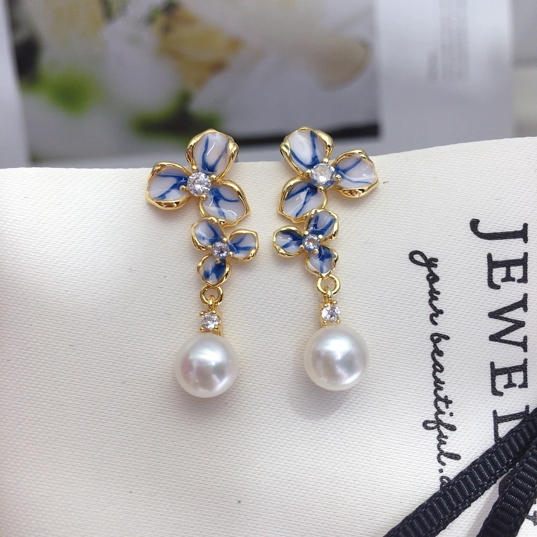 ZHBORUINI 2025 New Arrivals Women's Freshwater Pearl Earrings 7-7.5mm Zircon Symmetry Flower Chinese Style Retro Fashion Jewelry