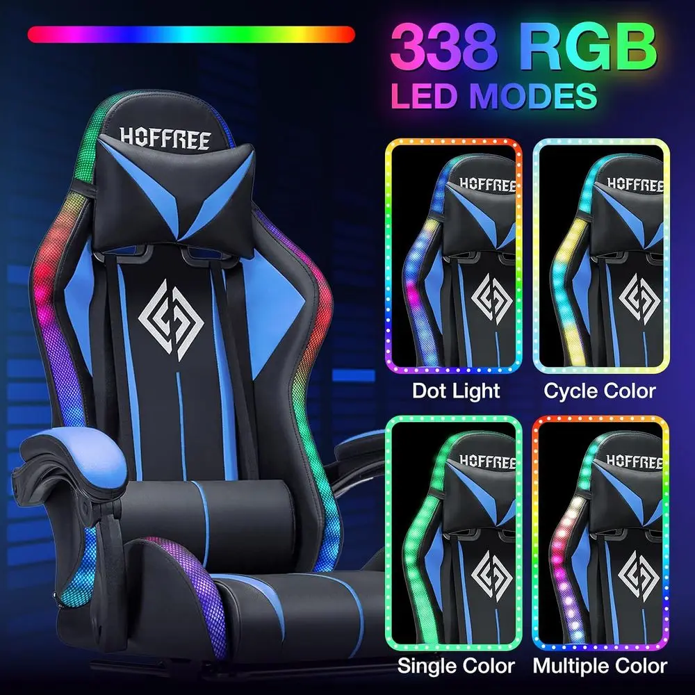 LED Gaming Chair with Massage RGB Lights Computer Game Chair-Blue | Ergonomic Reclining Gamer Chair with ootrest High Back Video view 4