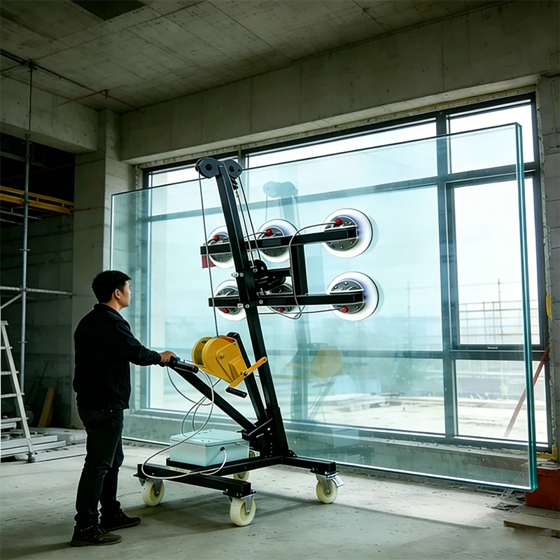 

Heavy-Duty Glass Suction Cup Cart with Hand-Crank Adjustable Suction Cups—Installation Support Stand for Glass Doors(Customized)