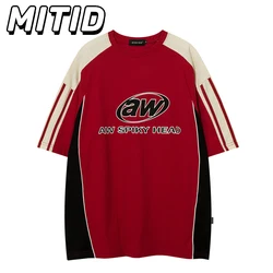 Retro Preppy Style T-shirts Men's Patchwork Color Contrast Short Sleeve Loose Streetwear tshirt Half Sleeve Fashion Tops Tees