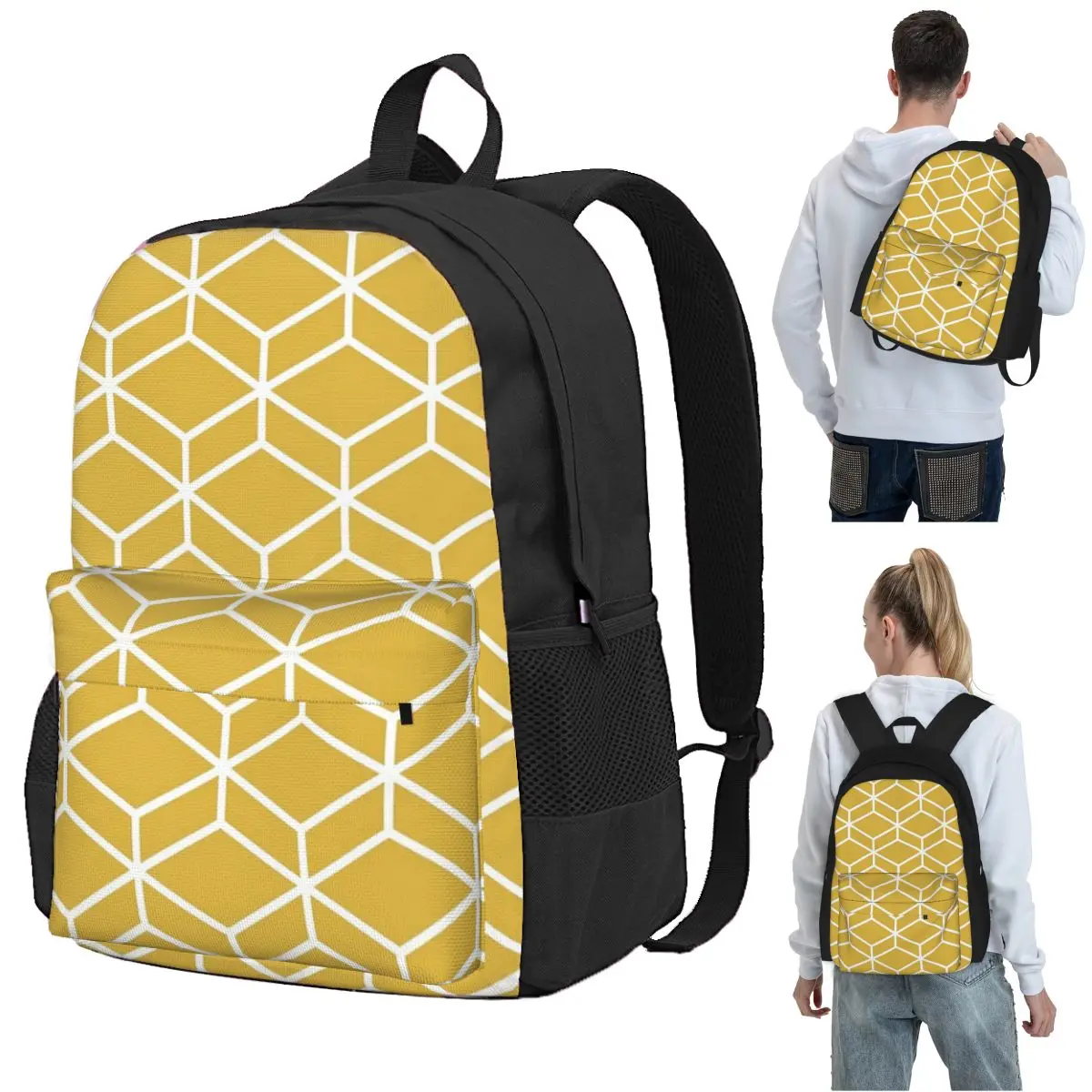 Honeycomb Geometric Lattice In White And Light Mustard Yellow Backpack Student BookBag Children School Bag Laptop