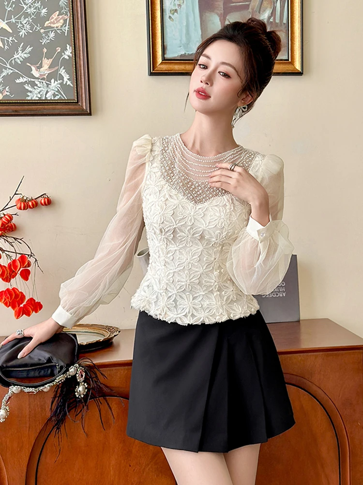 

Elegance Women White Short Shirt Beaded Sexy Sheer Mesh Blouse Floral Lantern Sleeve Slim Party Tops Daily Sweet Clothes Fashion