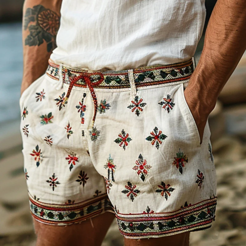 Retro 2024 Mid Waist Lace-up Shorts Men Summer Casual Pockets Style Baggy Pants Streetwear New Fashion Pattern Printed Trouser