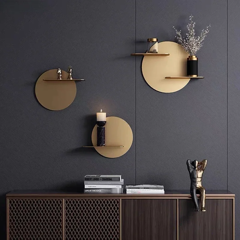 Backdrop Wall Metal Shelving Golden Round Wall Storage Shelf Hang Hook Ornaments Mount Rack Decorative Shelves Storage Hooks
