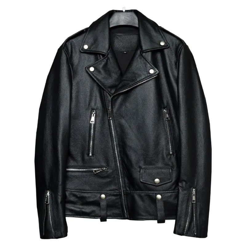 

Men Motocycle Jackets Spring and Autumn Natural Leather Jacket Black Soft Motor Clothing Biker Slim Short Coat