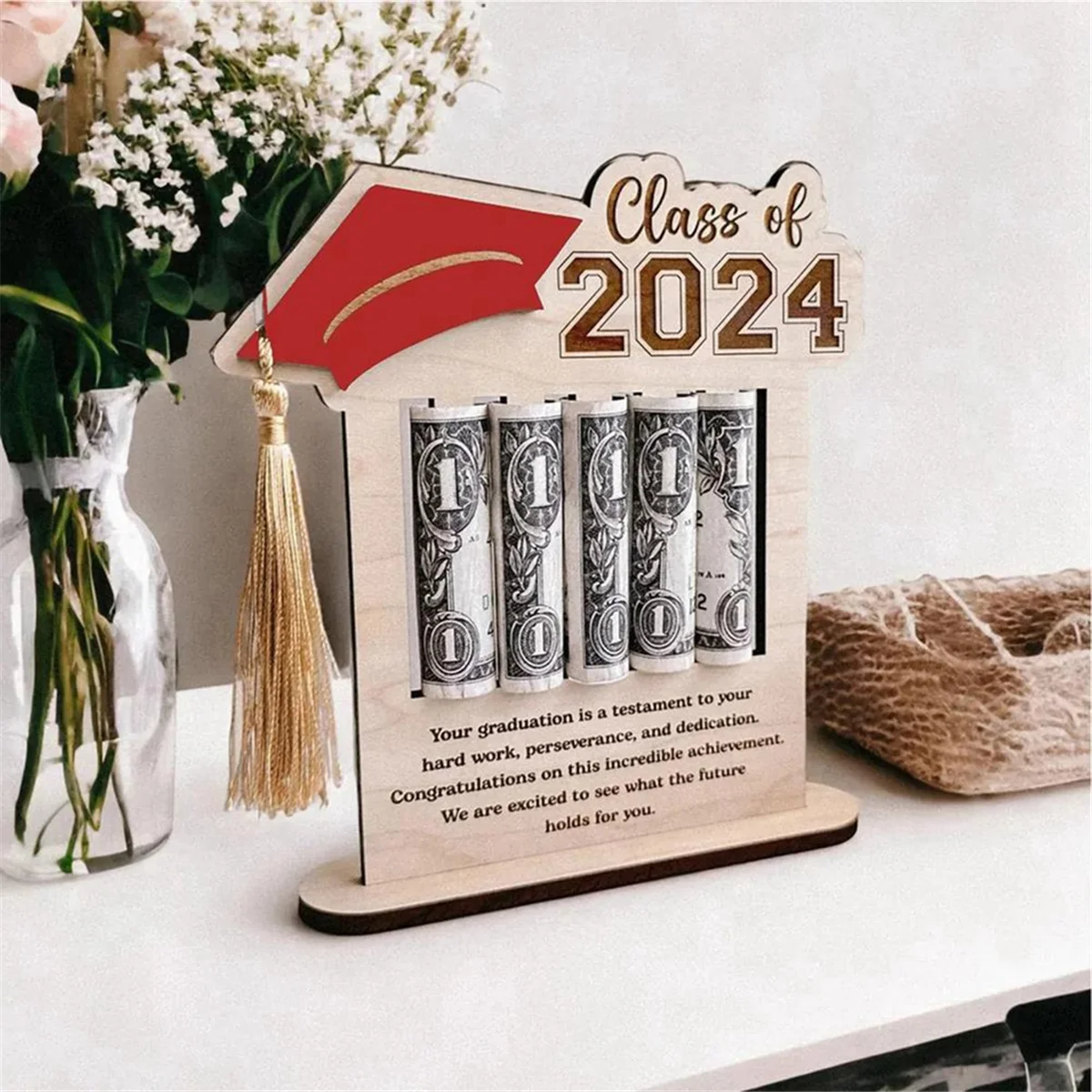 Money Card Holder 2024 Graduation Cash Holder Wooden Congrats Card Money Clip for Home Desktop Decor Party Favors Black