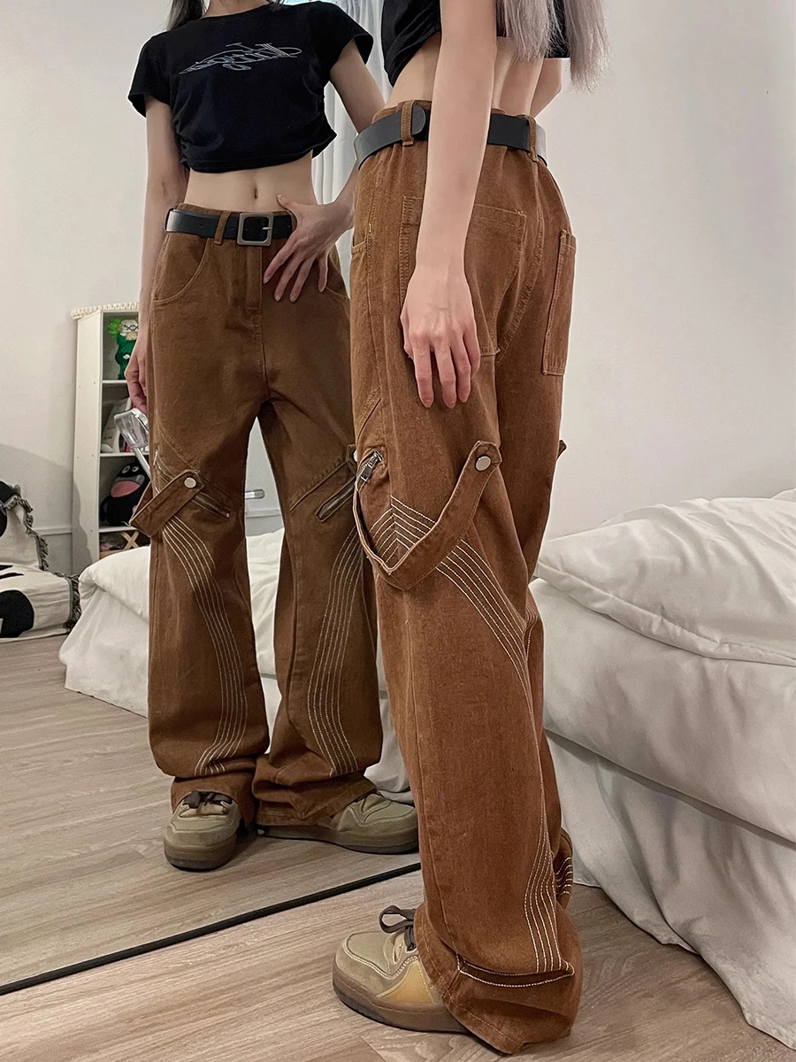 REDDACHiC White Line Embroidery Cargo Jeans Women Low Rise Straight Deconstructed Belt Hiphop Baggy Jeans Skater Vintage Clothes