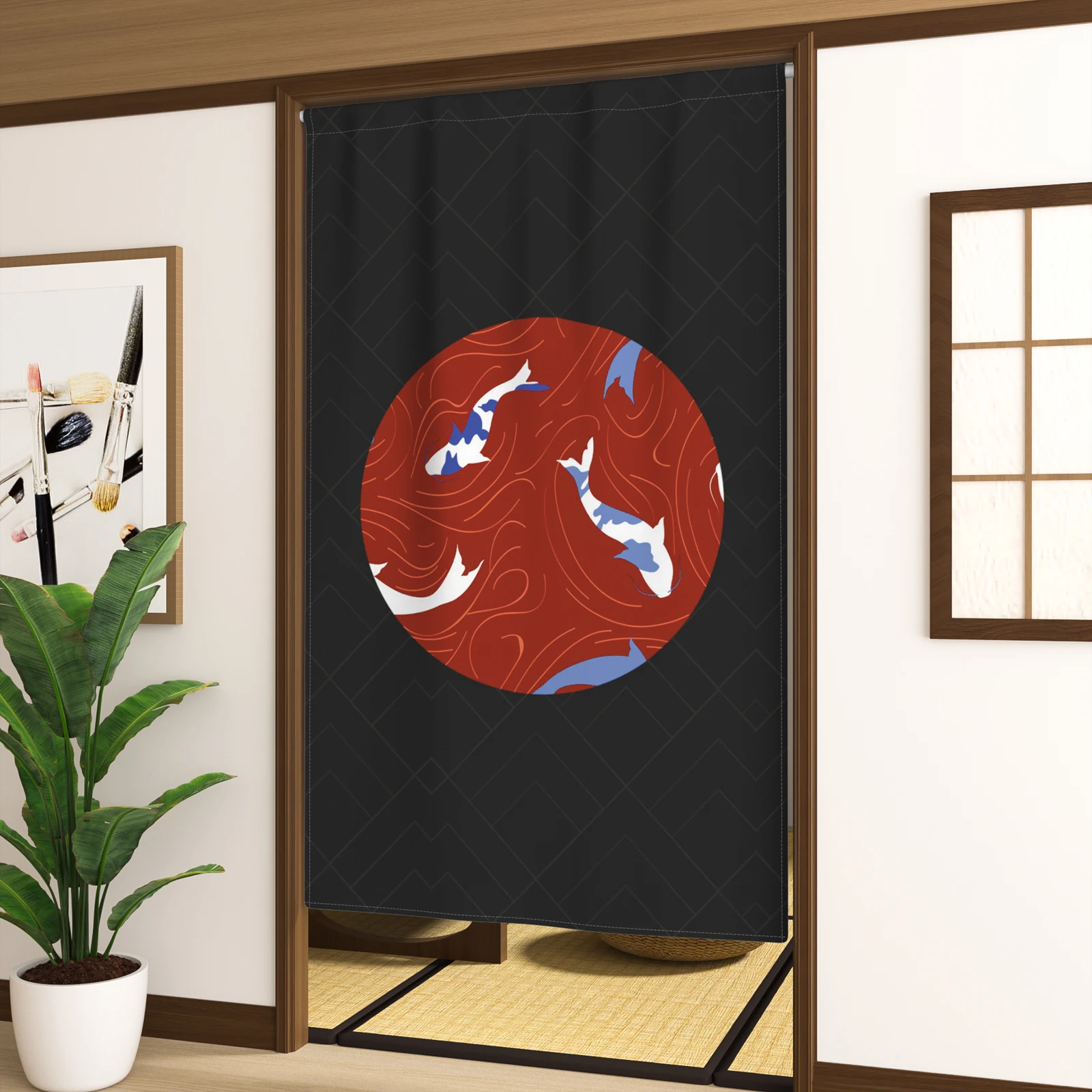 Japanese Curtain Traditional Ukiyoe Style Circle Koi Fish Cherry Blossom Wave Red Black Design for Izakaya Restaurant Home Decor