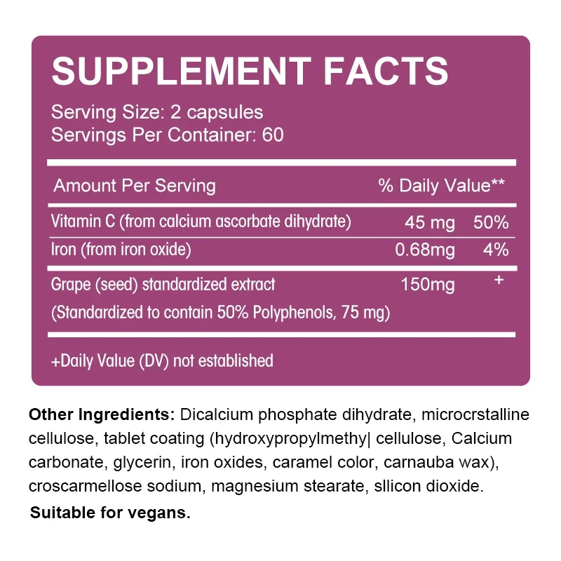 Dietary Supplement Organic Grape Seed Extract 120 Capsules Powerful Antioxidant That Supports Skin Whitening, Immune Health