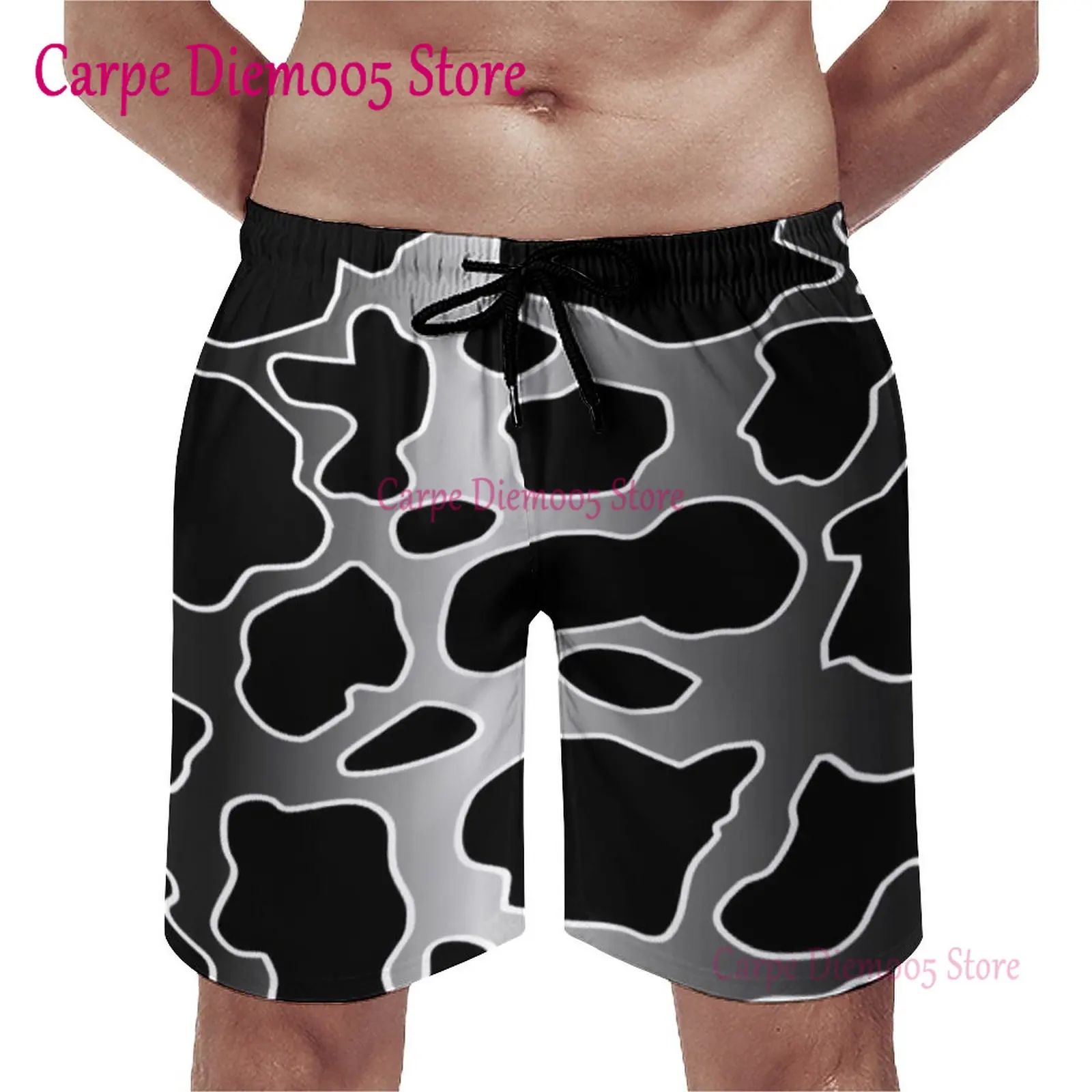 

Black White Cow Print Board Shorts Man Gray Gradient Faded Spots Beach Pants Comfortable Trenky Board Pants Oversize