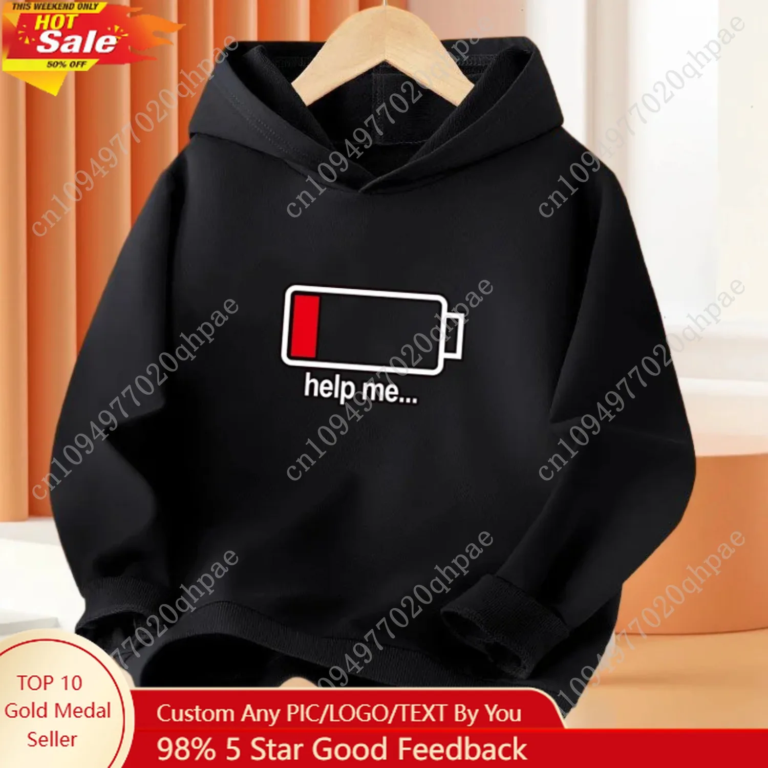 

New Low battery Help me printing Hooded Kids Hoodies Sweatshirts Boys Spring Autumn Hip Hop Basic Coat