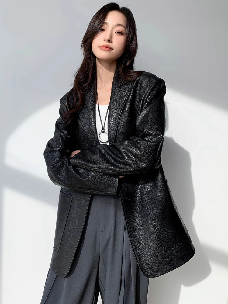 Mid-length Genuine Leather Blazer Jackets Women Spring Autumn 2025 New High-end Simple Lychee Texture Black Real Sheepskin Coat