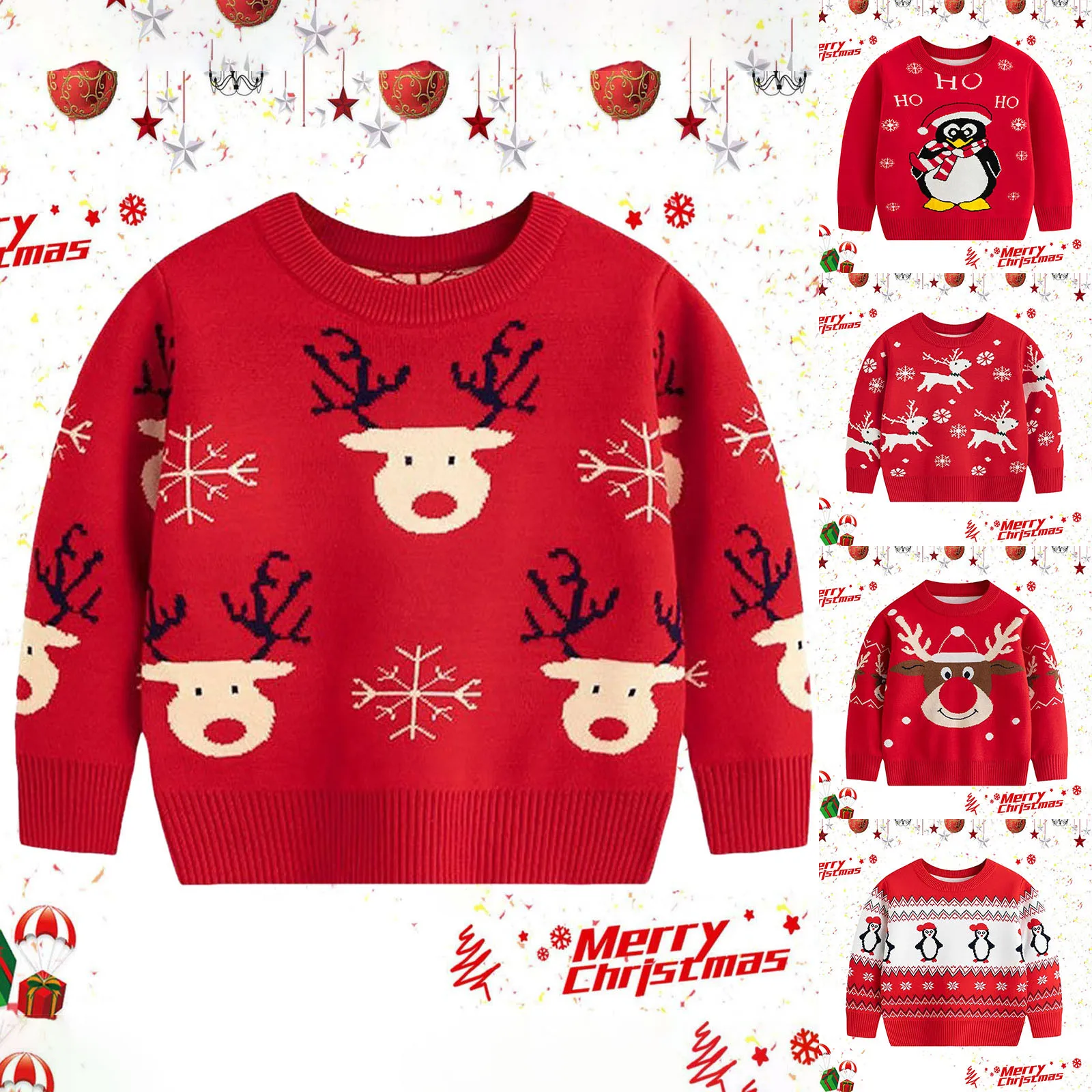 New Christmas Kids Cotton Sweater Winter Boys Girls Party Pullover Knit Clothes Autumn Children Print Warm Knitwear 2-6 Years