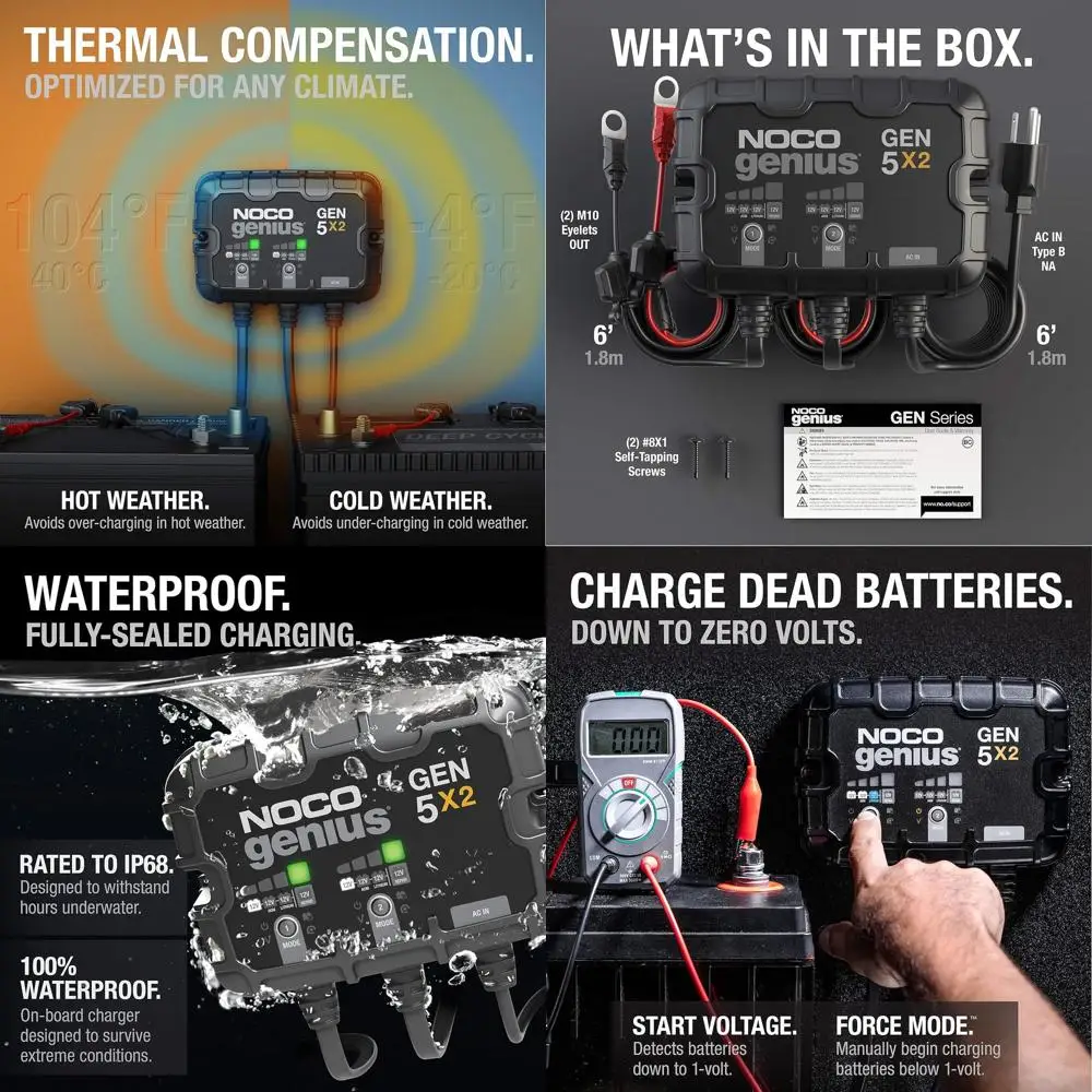 

Genius GEN5X2: 2 банки, встроенное зарядное устройство на 10 А — 5 А на банк, водонепроницаемое морское зарядное устройство на 12 В с защитой от перезаряда и Tem