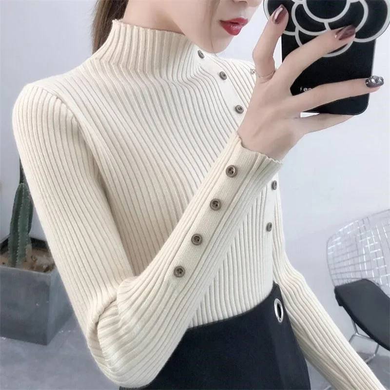 2025 frauen Herbst Gestrickte Dünne Pullover Solide Strickte Weibliche Baumwolle Weiche Elastische Farbe Pullover Taste Volle Hülse Rollkragen