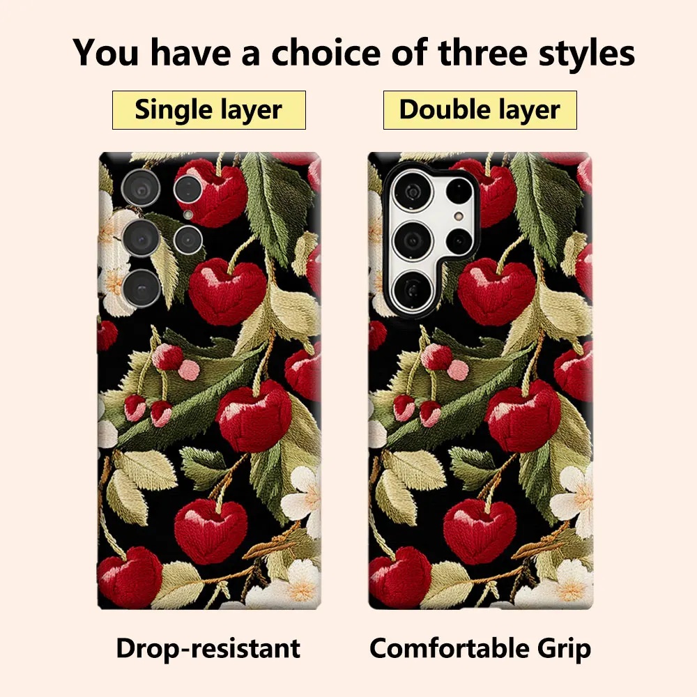Embroidered Cherries Phone Case for Samsung Galaxy S26 S25 Ultra S24 S23 Ultra Plus Shockproof Double layer tough Back Cover