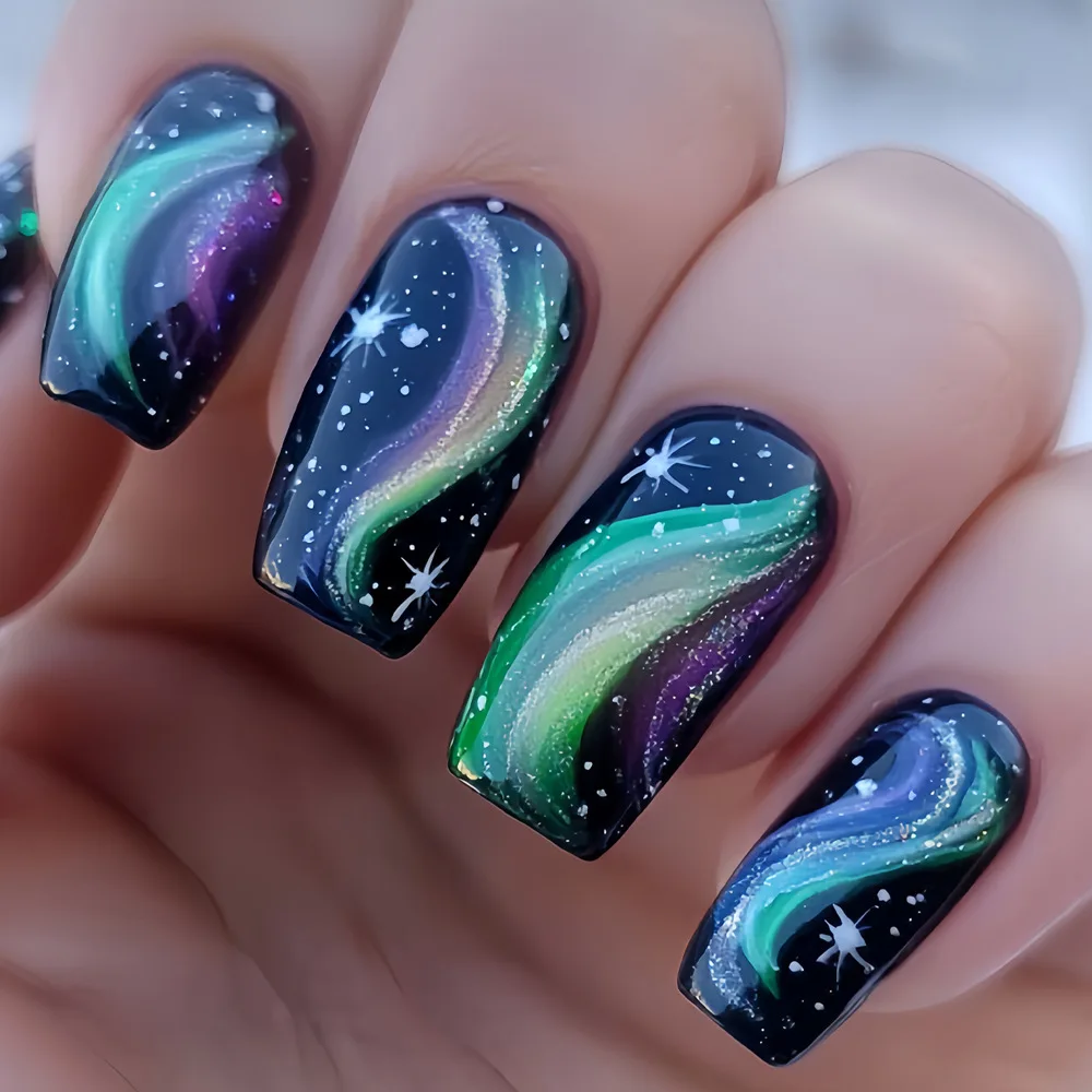 أظافر صناعية متوسطة الحجم للفتيات متدرجة باللون الأزرق والوردي والسماء المرصعة بالنجوم ونجمة القمر Y2K تصميم أطراف أظافر اللوز اضغط على مجموعة أظافر صناعية