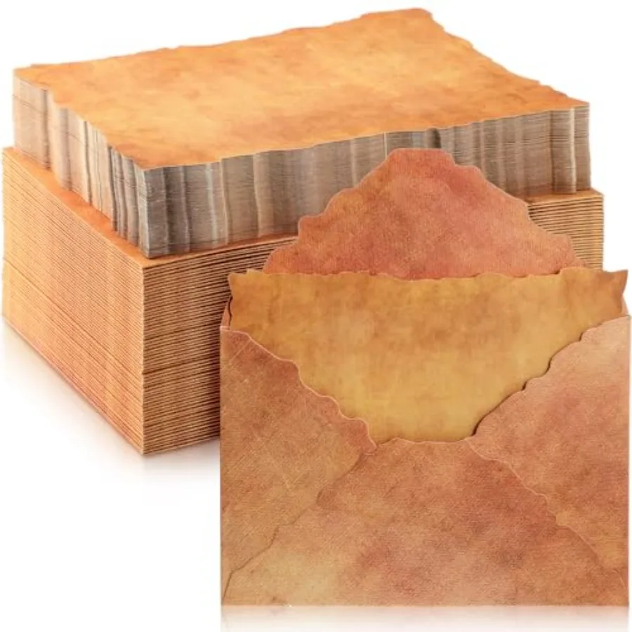 

100 Sets Antiqued Envelope with Deckle Edge Blank Paper 200 GSM Thick Vintage Envelopes Antique Paper Cotton Watercolor Paper S