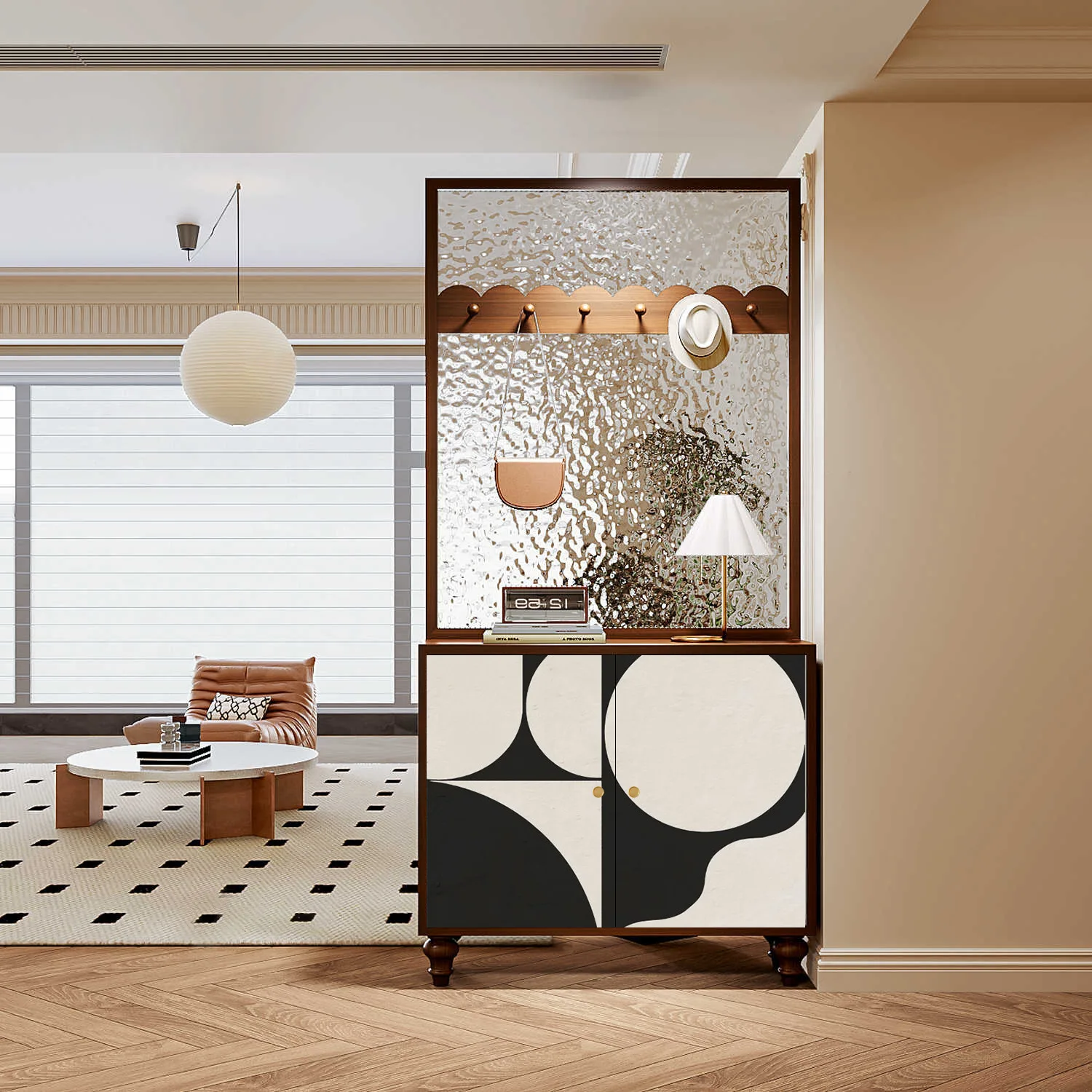 French vintage abstract entrance cabinet solid wood water grain glass entrance door screen partition living room storage shoe ca