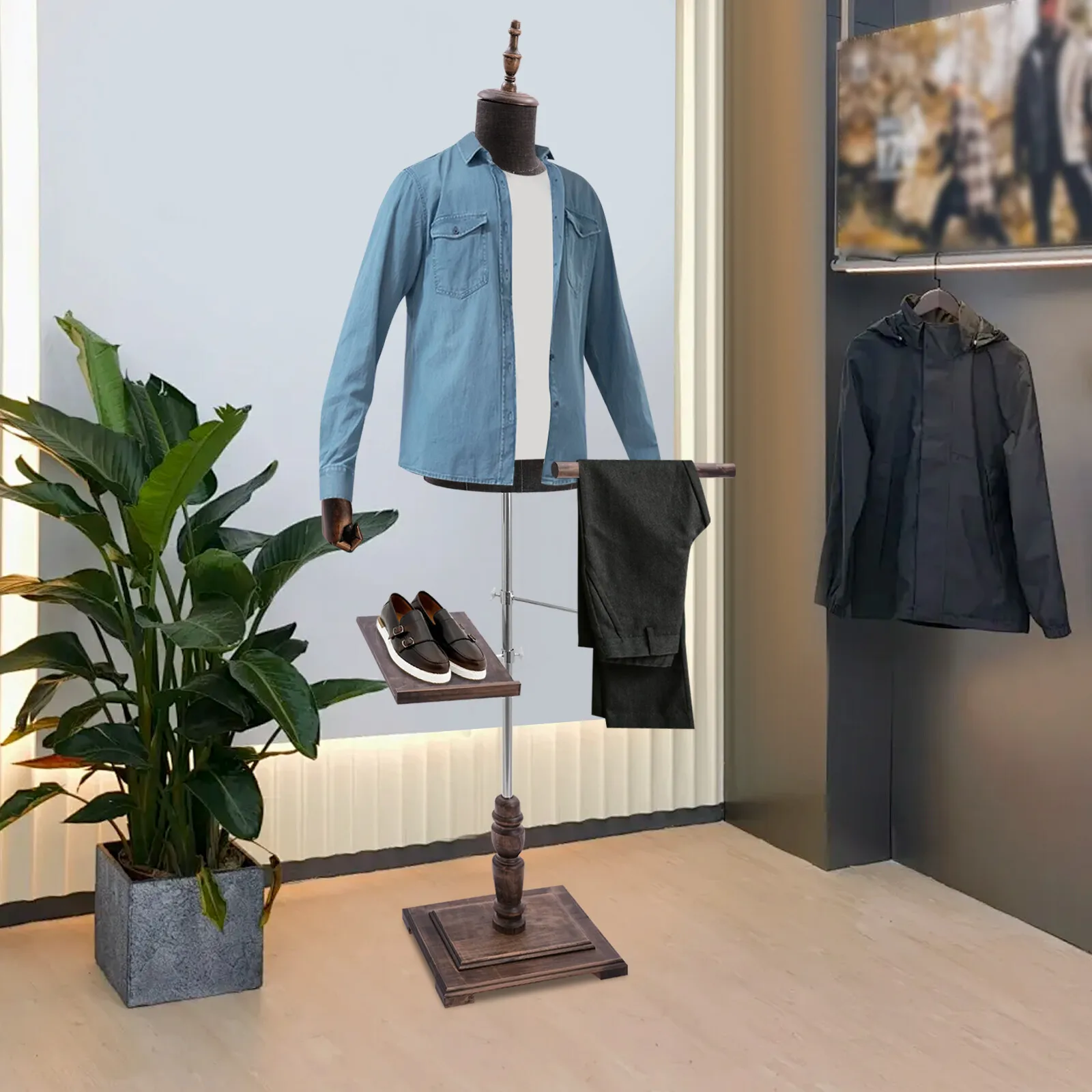 Male Mannequin with Arms, Pants Rack & Shoe Stand Linen-Covered Dress Form on Wood/Base for Clothing Stores Tailors & Display