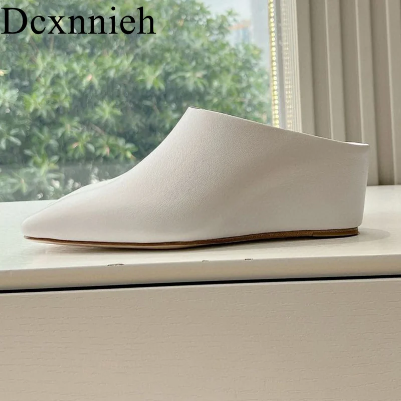 

The new square toe Genuine leather slope heel summer slippers for women's external wear slope heel toe toe Mueller slippers