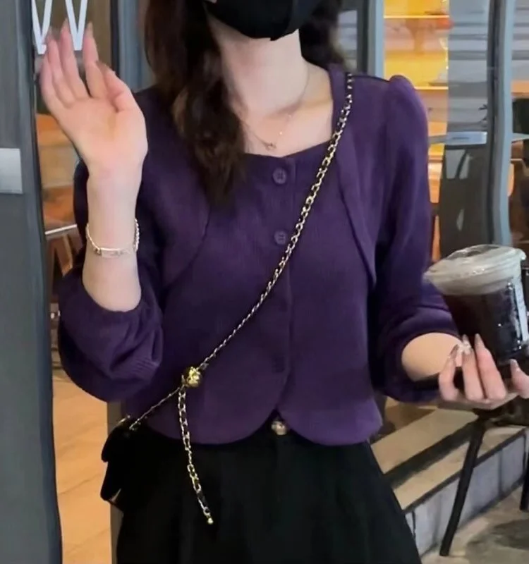 

Faionable Long Sve ort Cardigan Gentle High Waist Design Polyester Fiber Pure Color Vintage Sle Women's irt