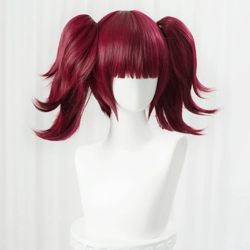 Anime Black Butler Mey Rin Cosplay Wig Wine Red Double Tail Heat Resistant Synthetic Hair Party Role Play Wigs + Wig Cap