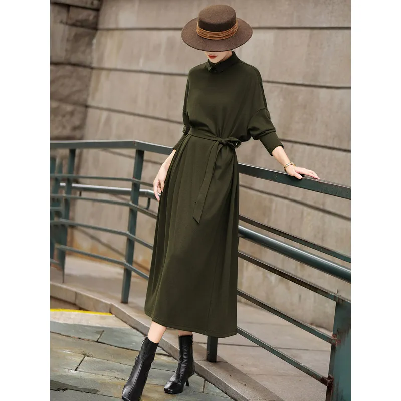 MEXCOCO Spring Autumn New Elegant Minimalist Lapel Batwing Sleeve Waist Tie Slim Fit Dress