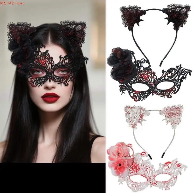 

Elegant Lace Half Face Mask with Detachable Ear Headband Hair Decors for Halloween Cosplay Costume Parties