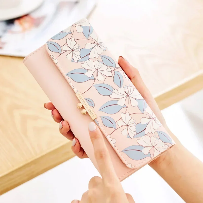 Women's Cute Purse Long Printing Flower Wallet Phone Female Three Fold Clutch Large Capacity Wallets محفظة كروت