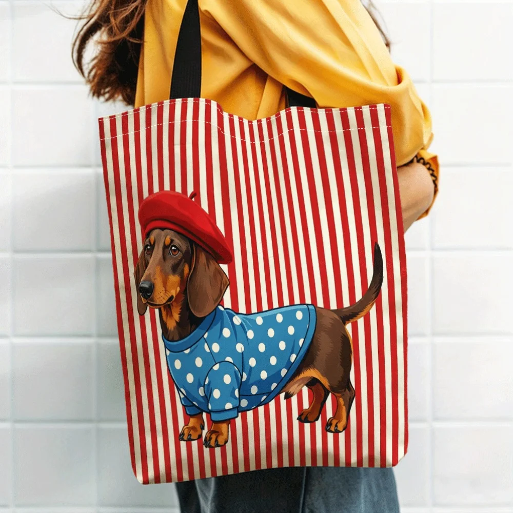 Red-Clad Spotted Dog with Hat Red And White Striped Digital Print Fashion Tote Bag Women'S Beach Bag Durable Casual Shopping Bag