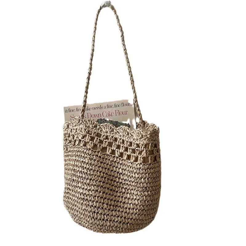 Summer Straw Bag For Women Handmade Woven Drawstring Beach Crossbody Bags Raffia Rattan Weaving Shoulder Bag Knitting Bag