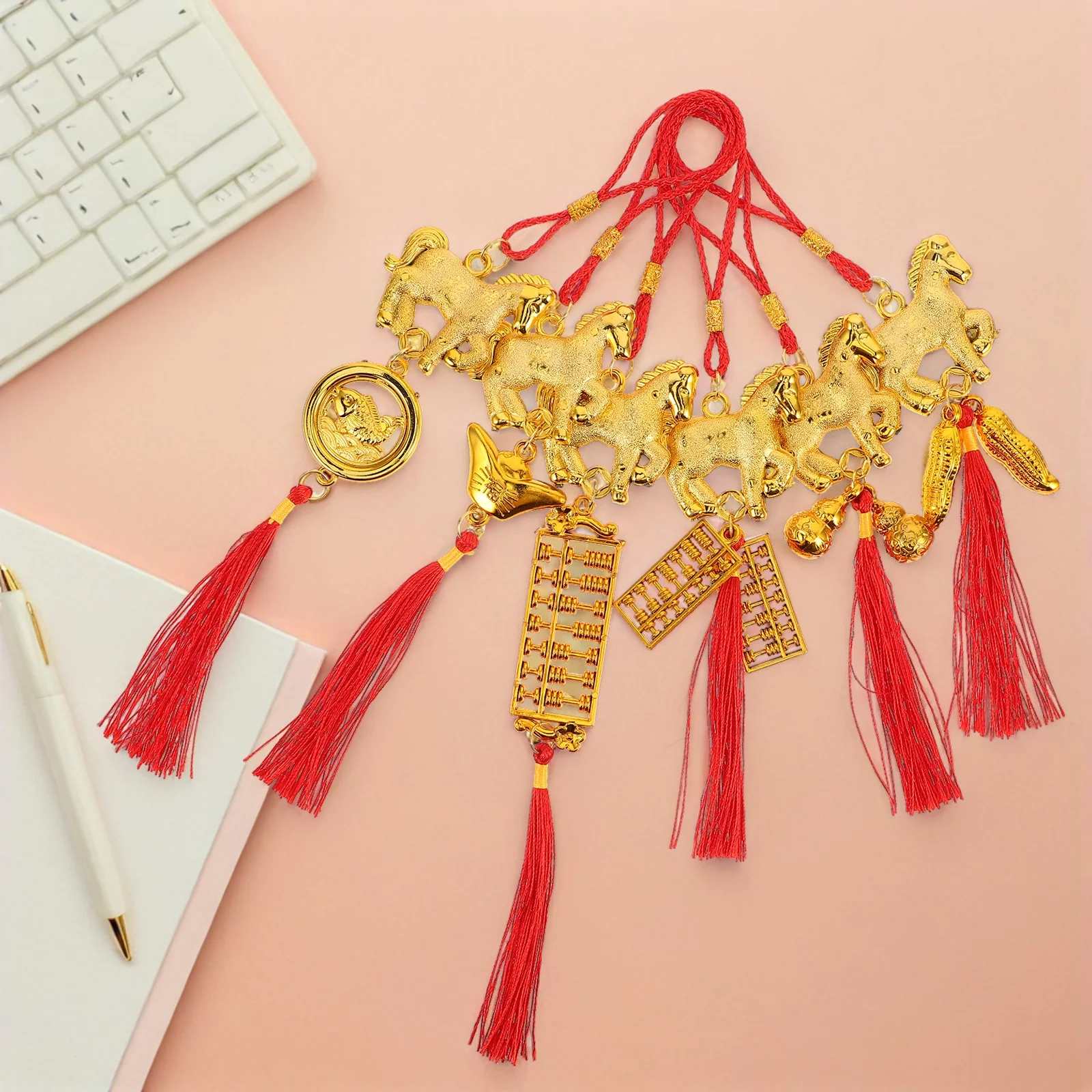 6 Pcs Year of The Horse Hanging Ornaments Office Decor 2026 Red Tassel Animal Chinese Decorations Polyester Tree