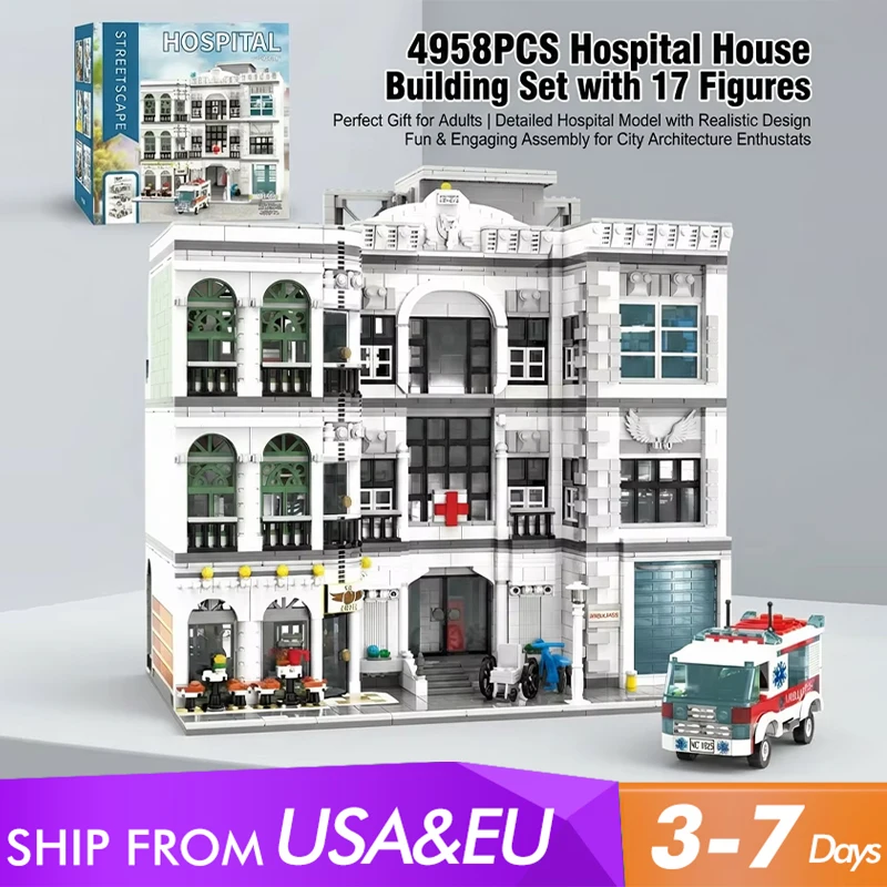 4958-teiliges Krankenhaus-Gebäude-Set mit 17 Figuren, Stadtarchitektur, Modulares Baustein-Modellbausatz, Spielzeug, Geschenk für Erwachsene